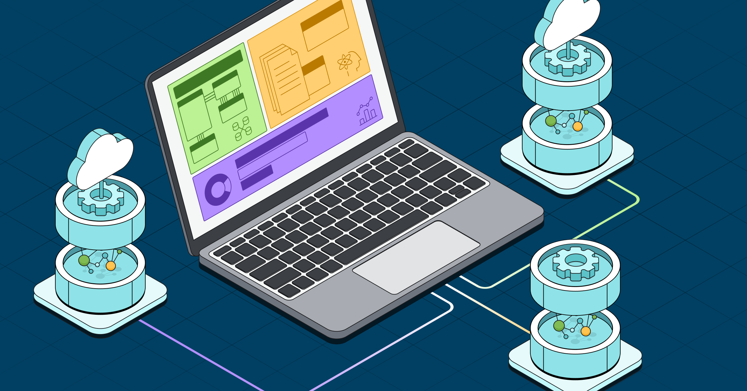 Illustration of a fleet manager dashboard on a laptop managing three graph databases